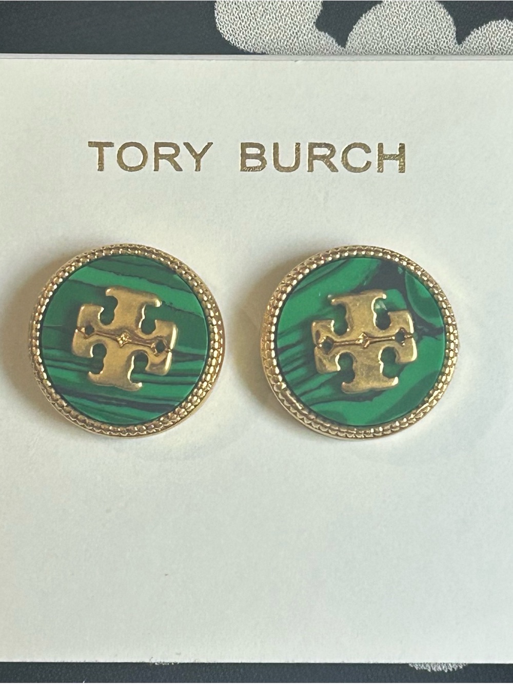 Tory Burch Green Gold Logo Round Stud Earrings